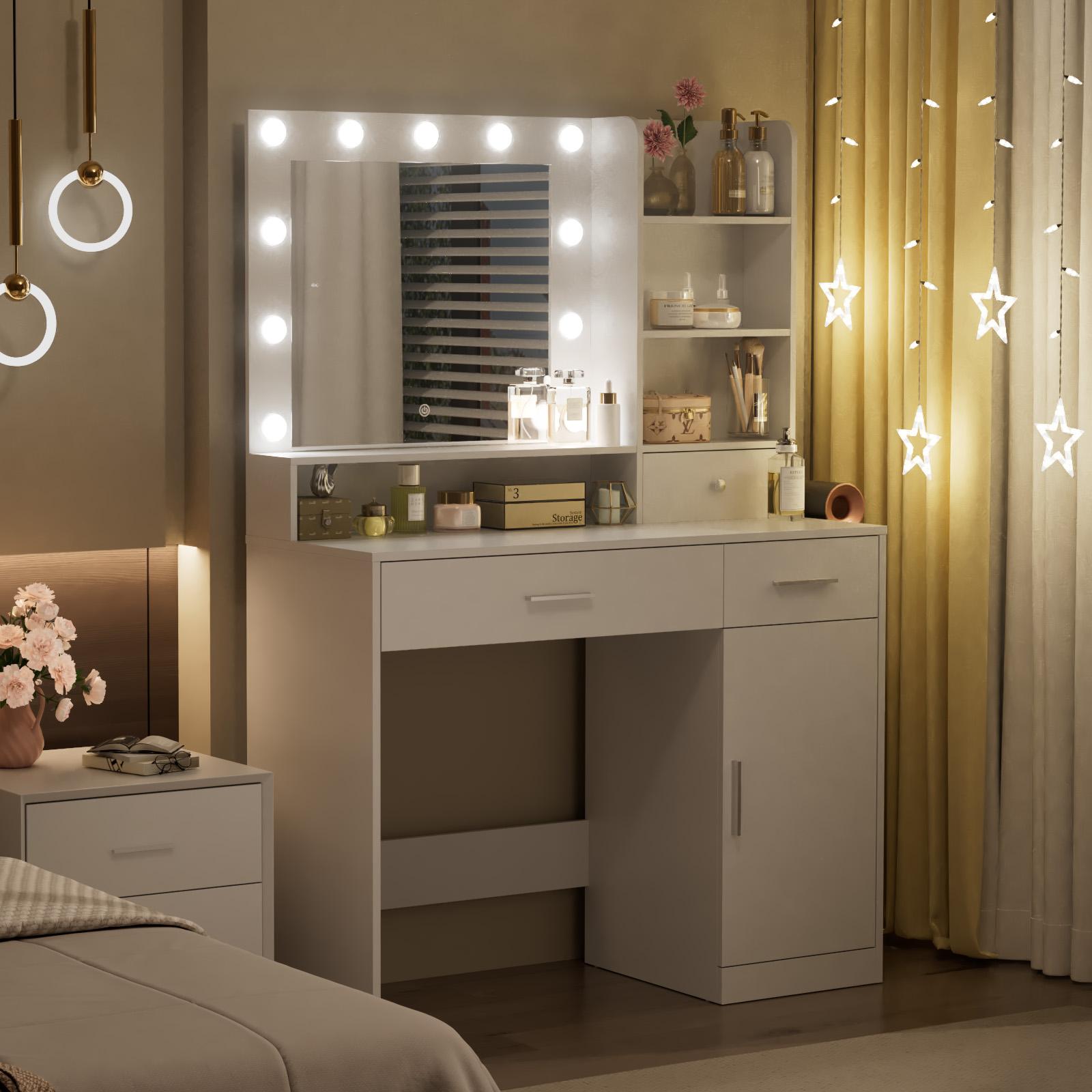 Dressing table and mirror, dressing table and bedroom dressing table with 3-color light options for adjustable brightness, white