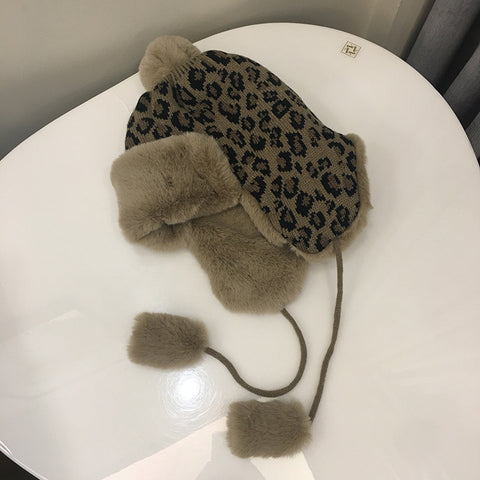 Leopard Print Knitted Earmuffs Hat