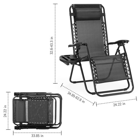 Set of 2 Zero Cravity Lounge Chairs,Outdoor Patio Folding Recliners for Pool Beach with Pillow and Cup Holder, Black