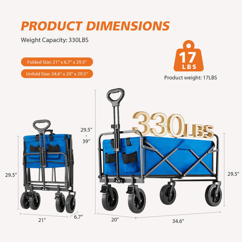Collapsible Folding Wagon Cart, Camping & Shopping, Heavy Duty Utility Wagon with All-Terrain Wheels, 330lbs (Black)