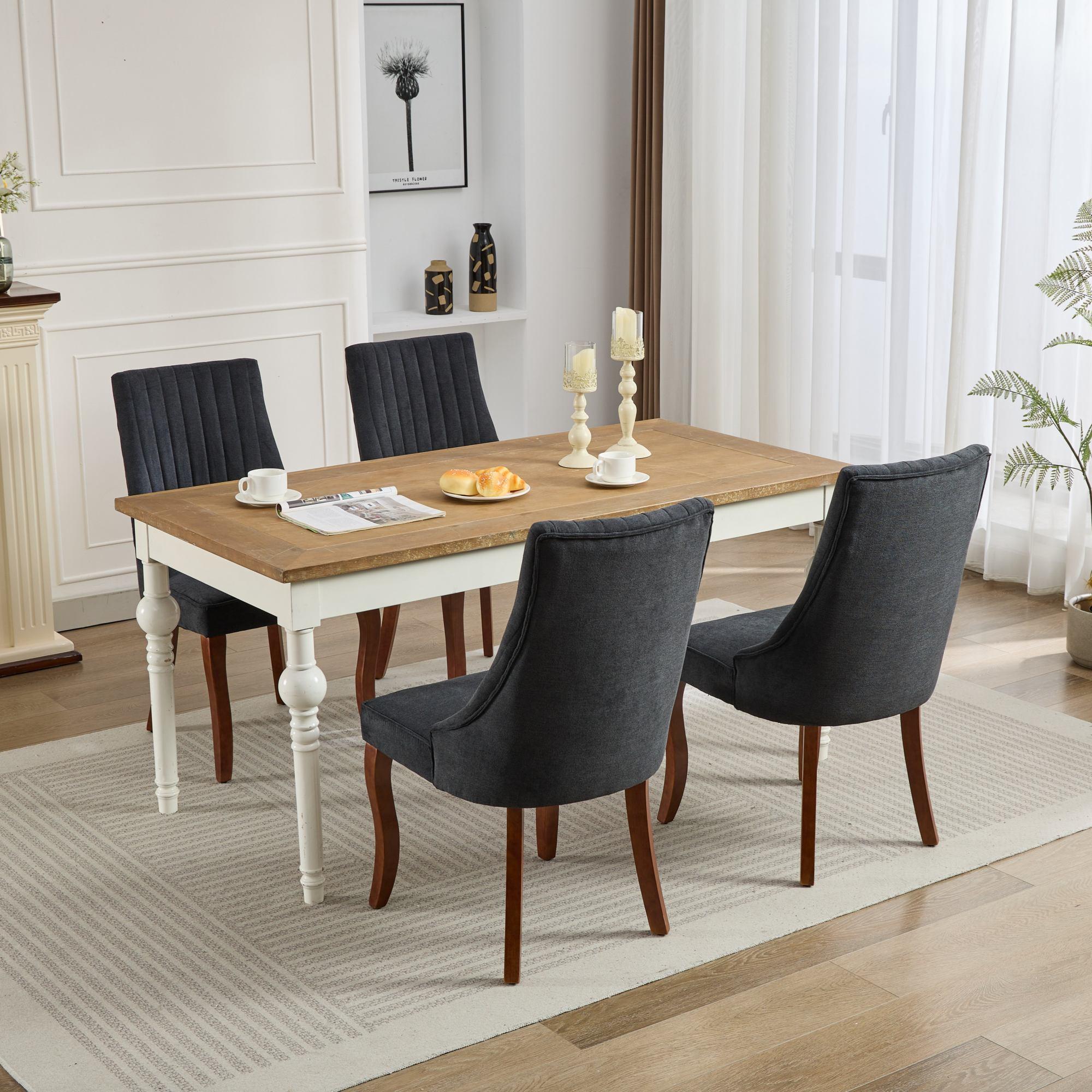 Rayon Cloth Flocking Linen Dining Chairs  Comfy Fabric Upholstered Accent Chair for Dining Room with Curved Solid Wood Legs,Set of 2