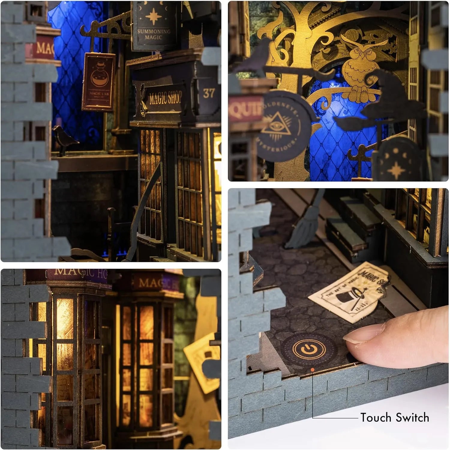ROBOTIME DIY Book Nook Kit Decorative Booknook Bookshelf Insert Bookcase Book Stand 3D Wooden Puzzle DIY Miniature House Kit with LED Light Model Kit