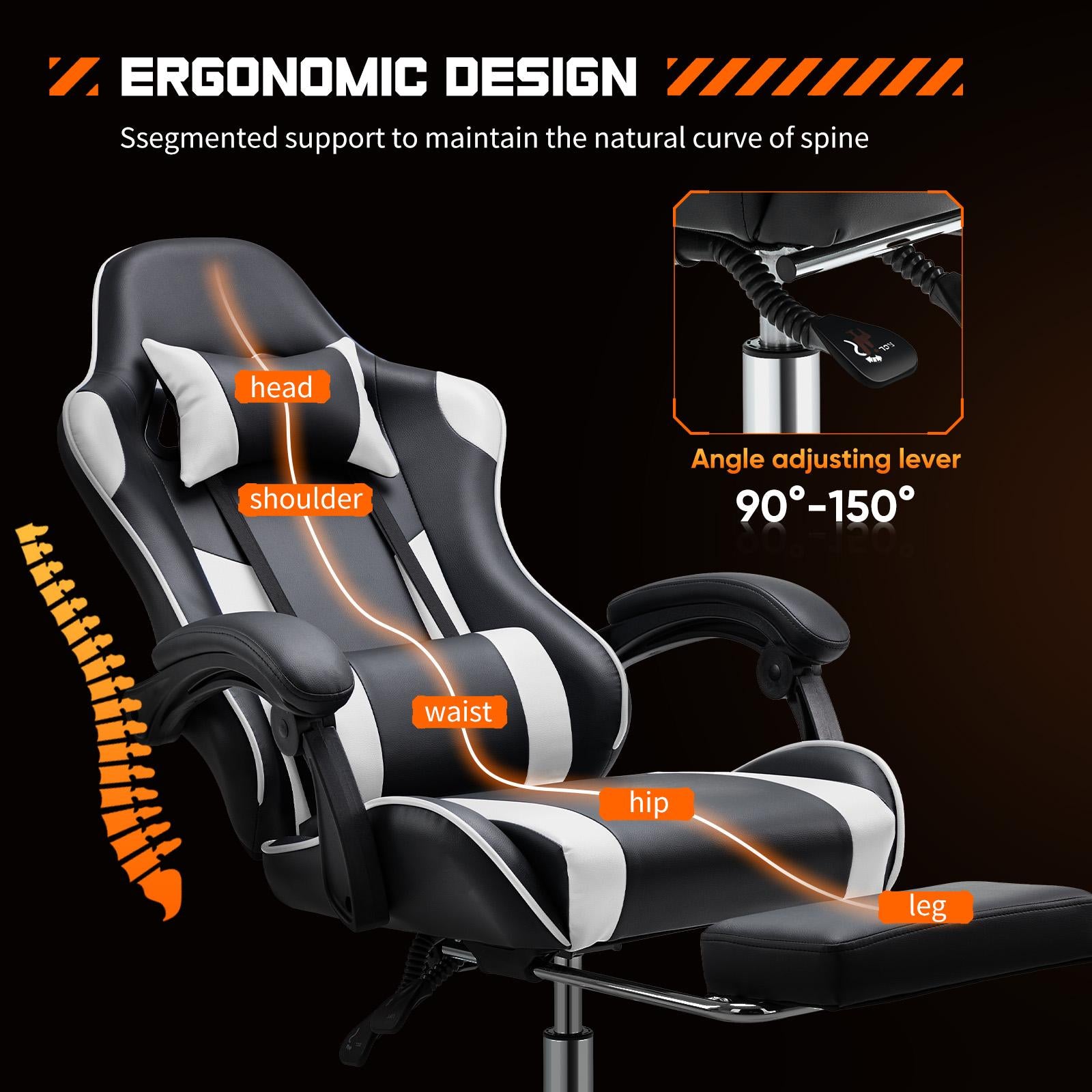 Video Game Desk Chair - Ergonomic Computer with Footrest and Comfy Lumbar Support, PU Leather Recliner with Headrest, Fixed Up Armrest,