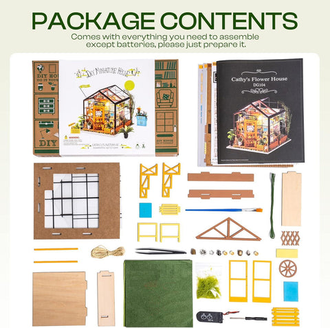 ROBOTIME DIY Dollhouse Wooden Miniature Furniture Kit Mini Green House with LED Best Birthday Gifts