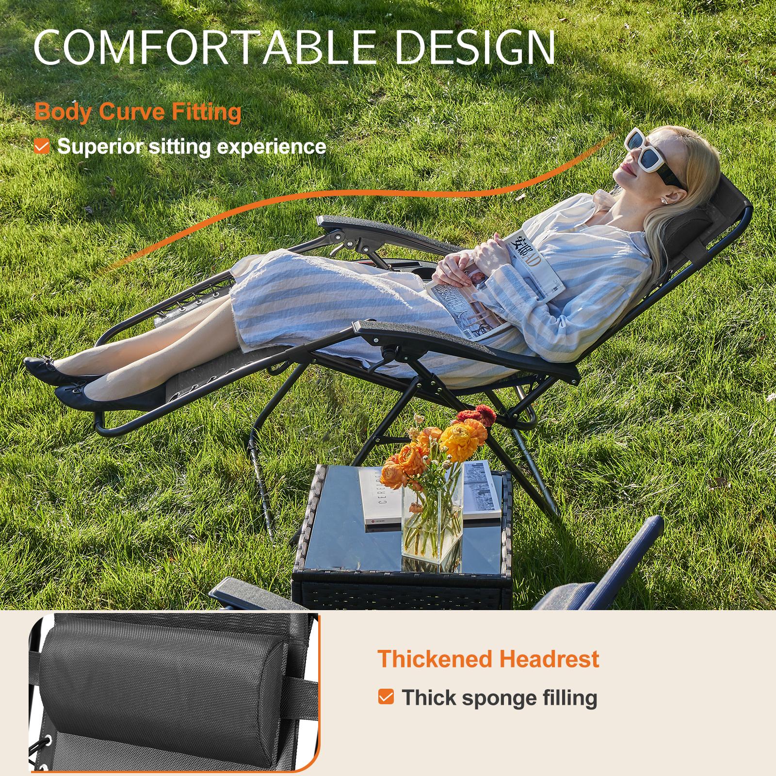 Set of 2 Zero Cravity Lounge Chairs,Outdoor Patio Folding Recliners for Pool Beach with Pillow and Cup Holder, Black