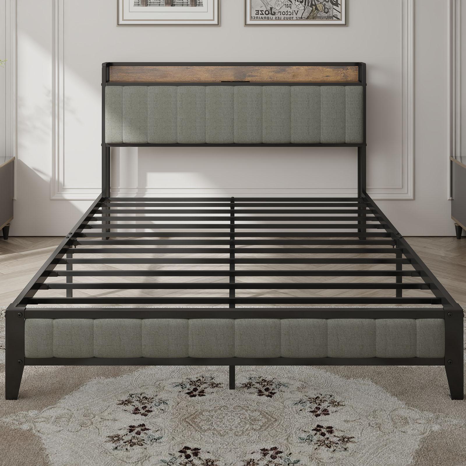 Queen-Size，Full metal bed frame with charging port at the head of the bed.