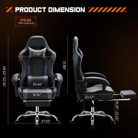 Video Game Desk Chair - Ergonomic Computer with Footrest and Comfy Lumbar Support, PU Leather Recliner with Headrest, Fixed Up Armrest,