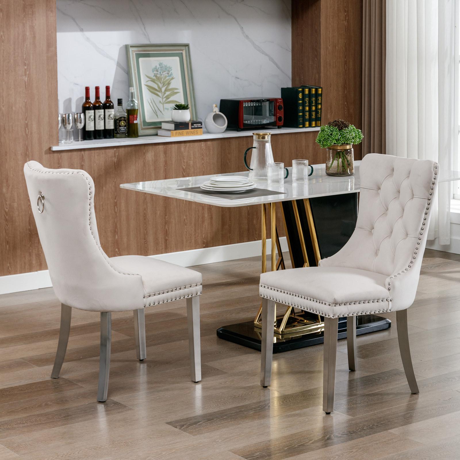 Modern, High-end Tufted Solid Wood Contemporary Velvet Upholstered Dining Chair with Chrome Stainless Steel Plating Legs,Nailhead Trim,Set of 2