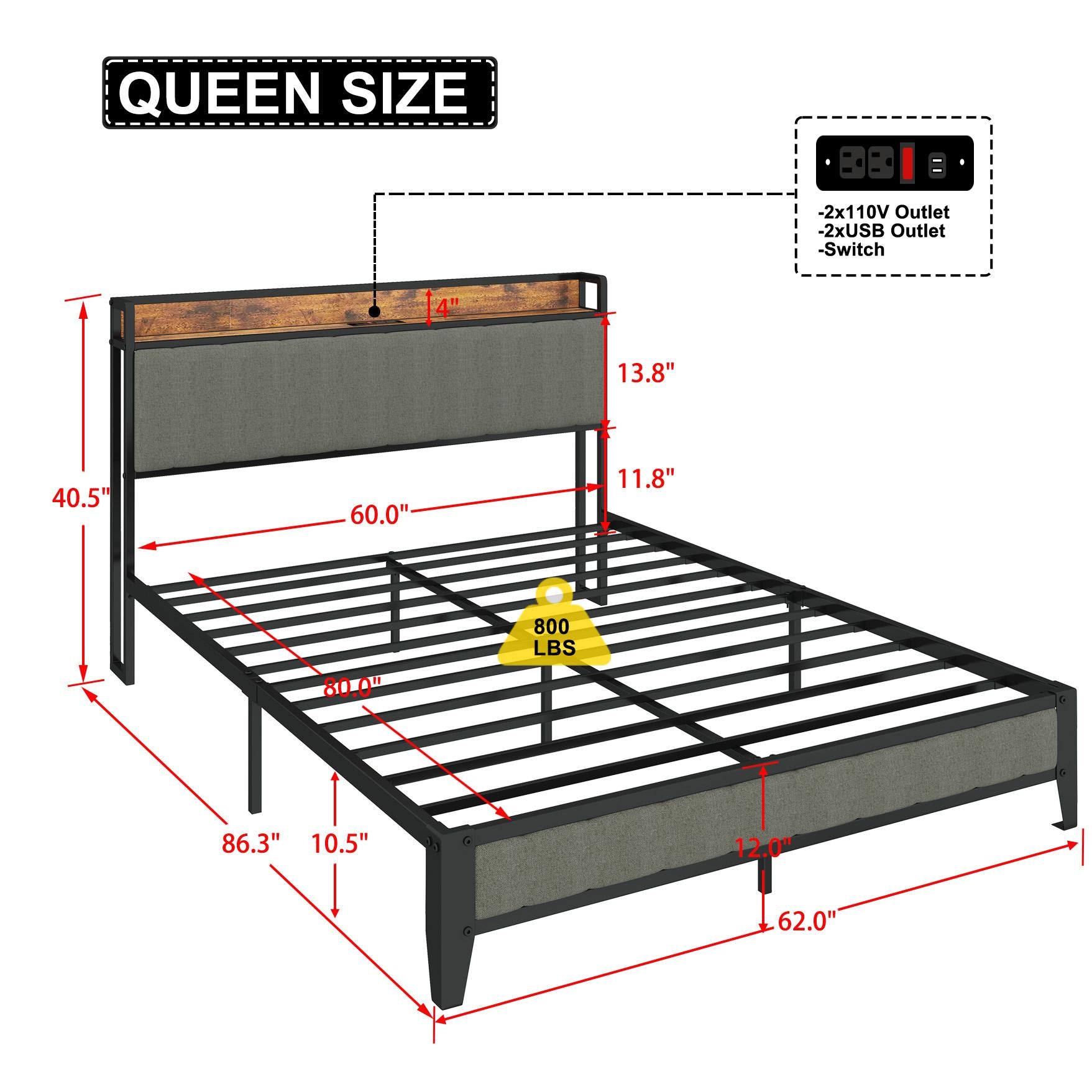 Queen-Size，Full metal bed frame with charging port at the head of the bed.