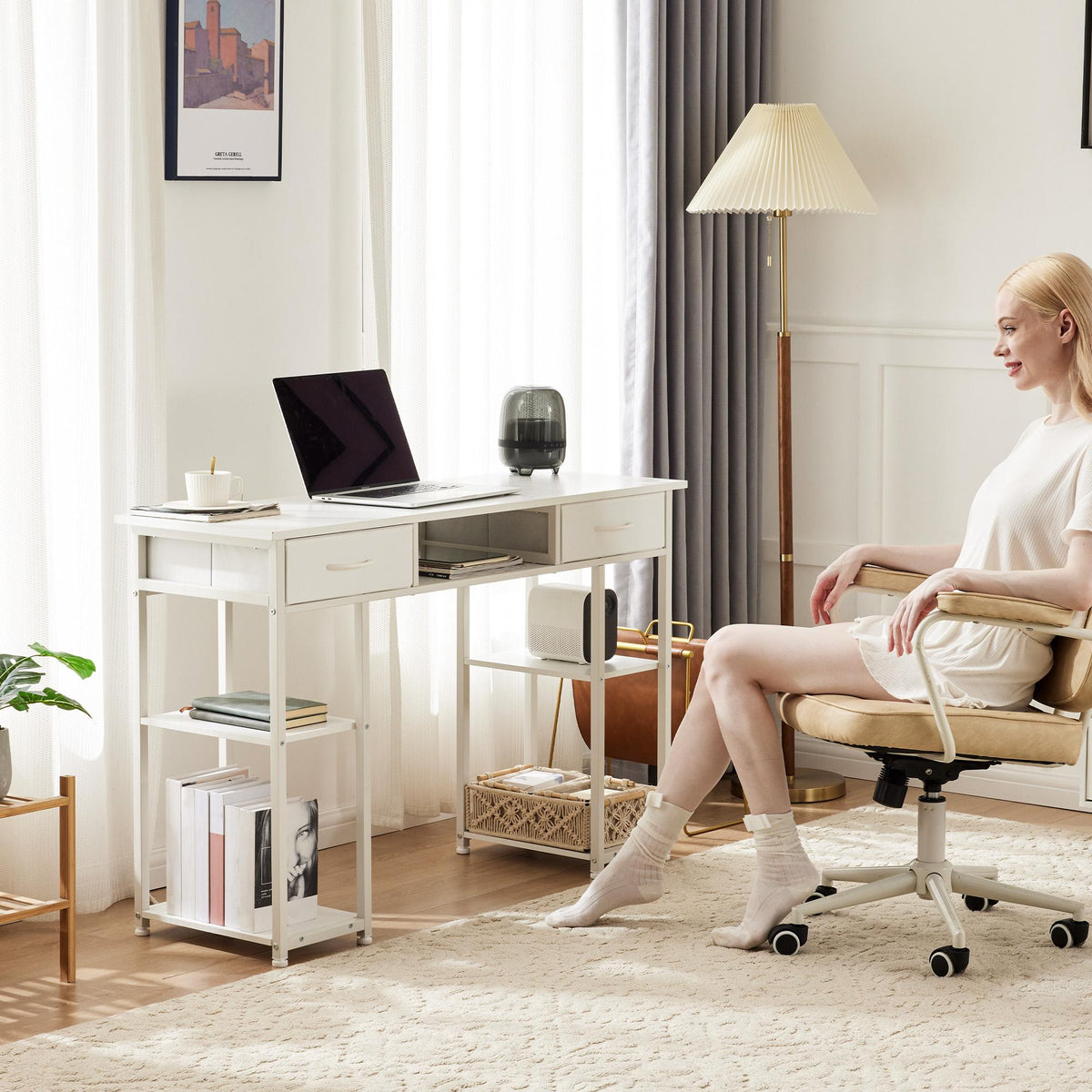 Computer Desk Small Home Office Bedroom Writing Study PC Table with Storage Space Fabric Side Bag Headphone Hook Metal Frame Adjustable