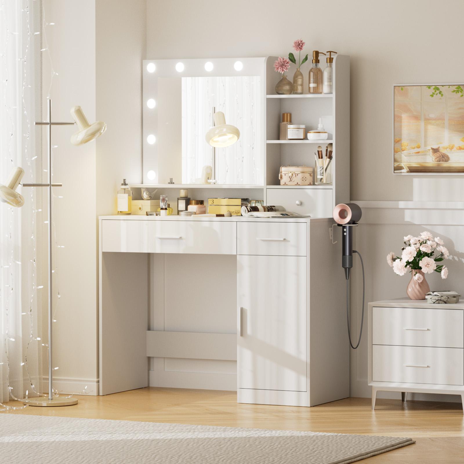 Dressing table and mirror, dressing table and bedroom dressing table with 3-color light options for adjustable brightness, white