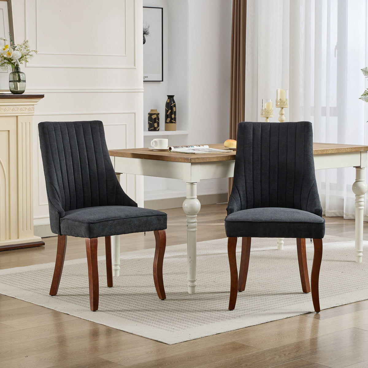 Rayon Cloth Flocking Linen Dining Chairs  Comfy Fabric Upholstered Accent Chair for Dining Room with Curved Solid Wood Legs,Set of 2