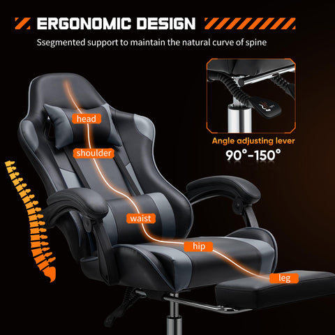 Video Game Desk Chair - Ergonomic Computer with Footrest and Comfy Lumbar Support, PU Leather Recliner with Headrest, Fixed Up Armrest,