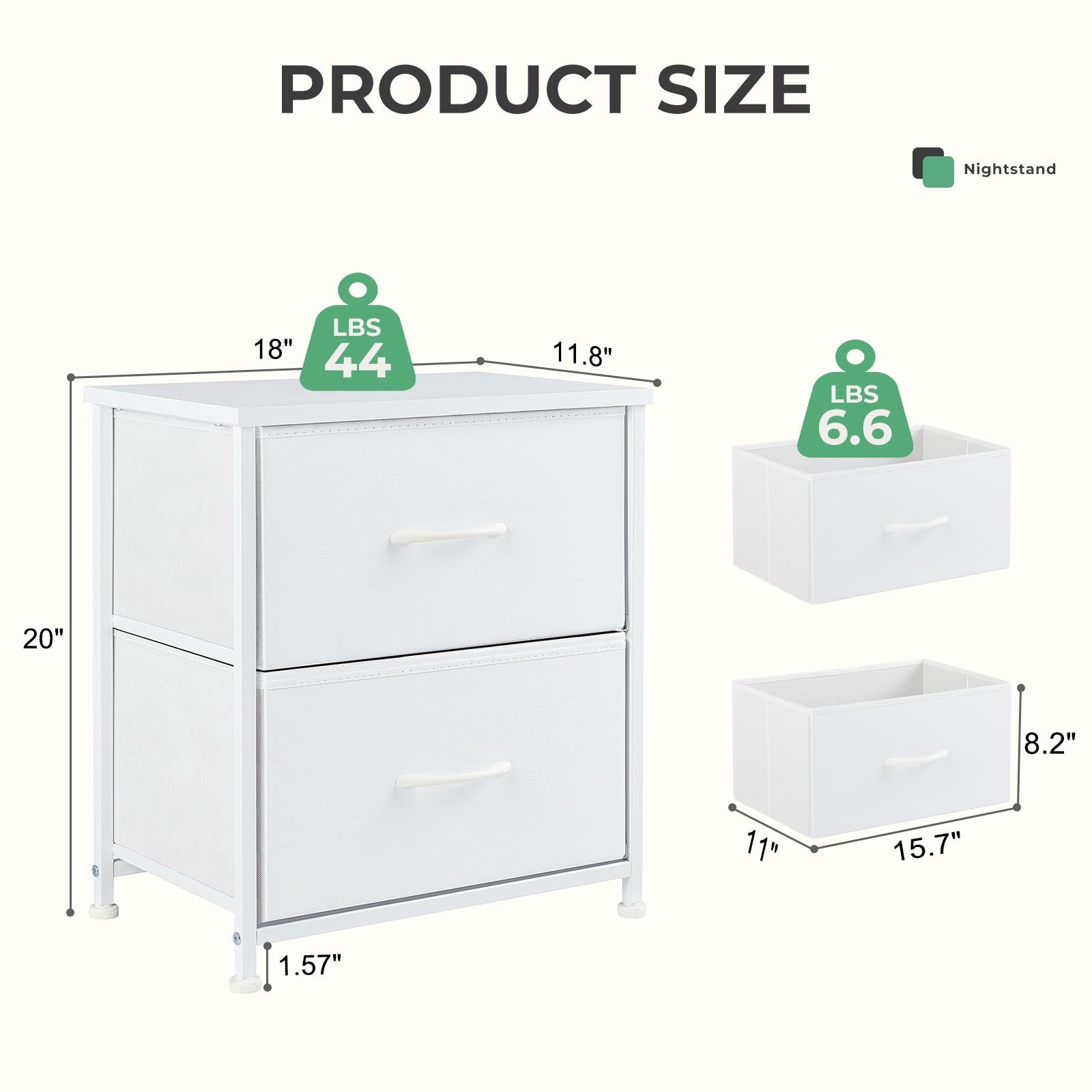Fabric Dresser with 2 Drawers, Nightstands with Adjustable Feet, End Table for Bedroo, Set of 2