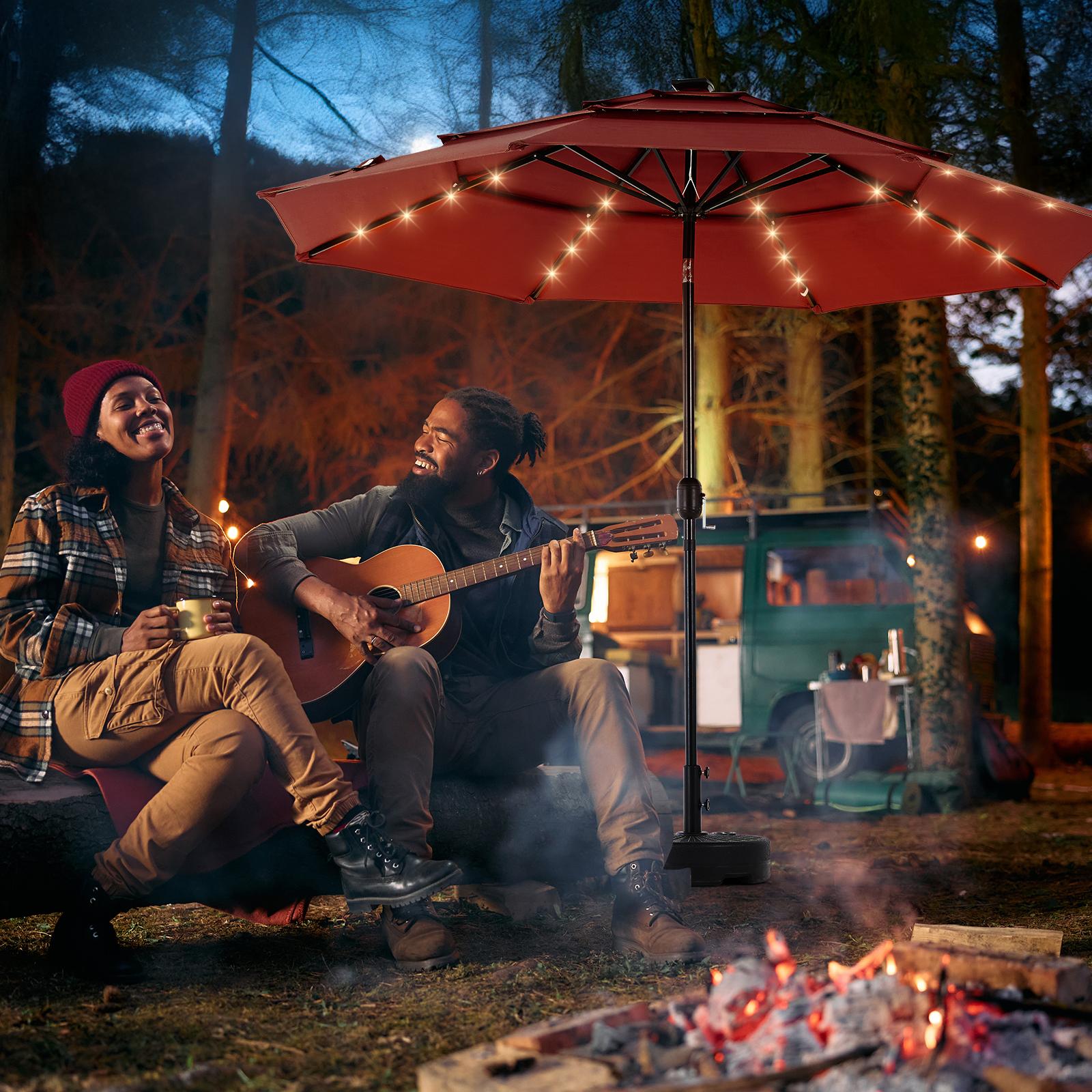 10FT 3-Tier Solar Patio Umbrella with 32 LED Lights, Outdoor Umbrellas with Push Button Tilt and Crank