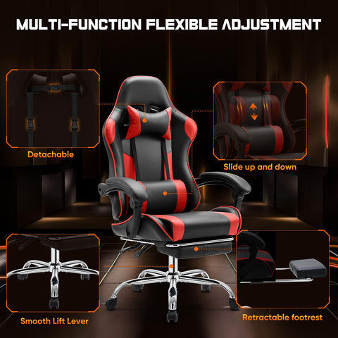 Video Game Desk Chair - Ergonomic Computer with Footrest and Comfy Lumbar Support, PU Leather Recliner with Headrest, Fixed Up Armrest,