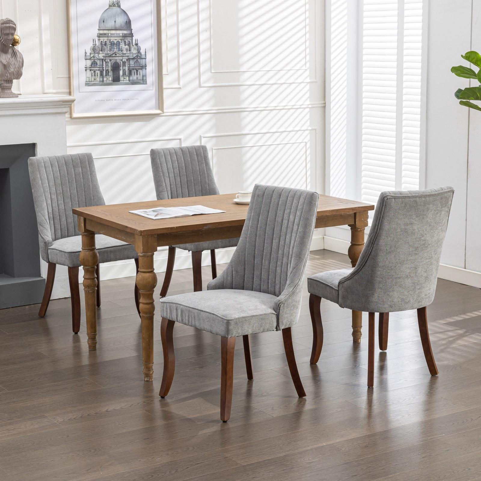 Rayon Cloth Flocking Linen Dining Chairs  Comfy Fabric Upholstered Accent Chair for Dining Room with Curved Solid Wood Legs,Set of 2
