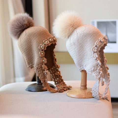 Fox Fur Ball Nail Pearl Long Braid Woolen Cap Female