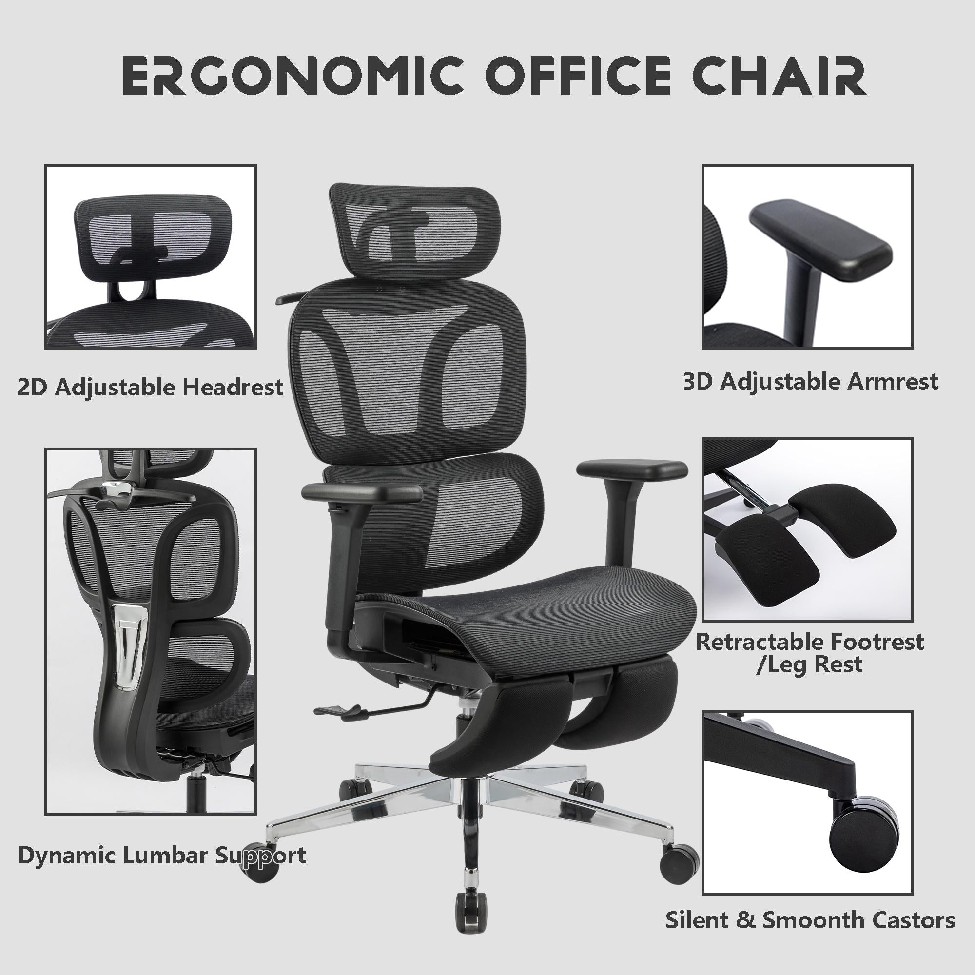 Full mesh office chair, ergonomic office chair, office mesh chair, adjustable headrest, armrests, foot pedals, with hanger