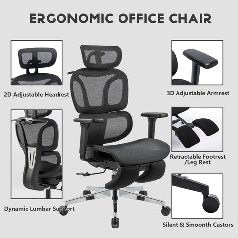 Full mesh office chair, ergonomic office chair, office mesh chair, adjustable headrest, armrests, foot pedals, with hanger