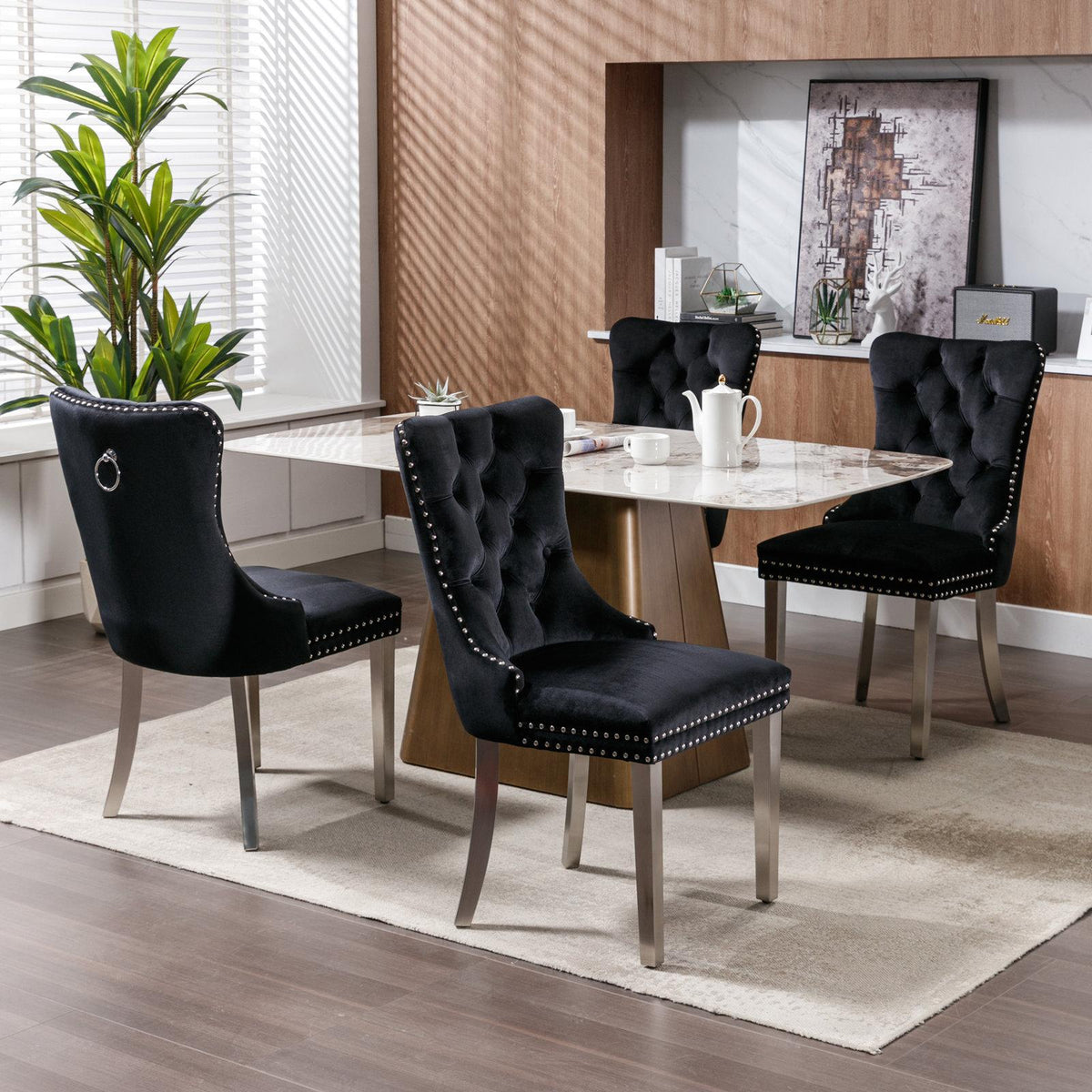 Modern, High-end Tufted Solid Wood Contemporary Velvet Upholstered Dining Chair with Chrome Stainless Steel Plating Legs,Nailhead Trim,Set of 2