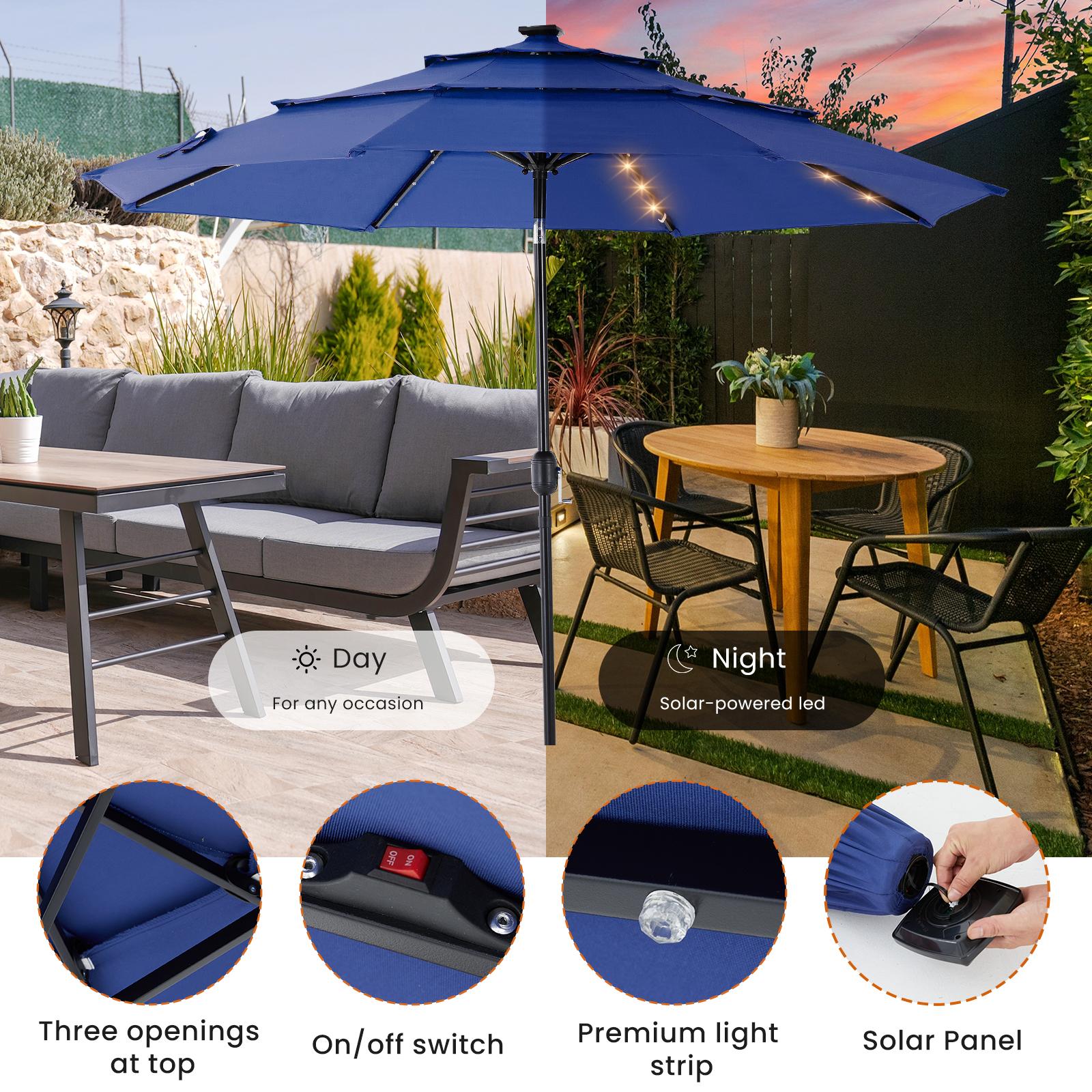 10FT 3-Tier Solar Patio Umbrella with 32 LED Lights, Outdoor Umbrellas with Push Button Tilt and Crank