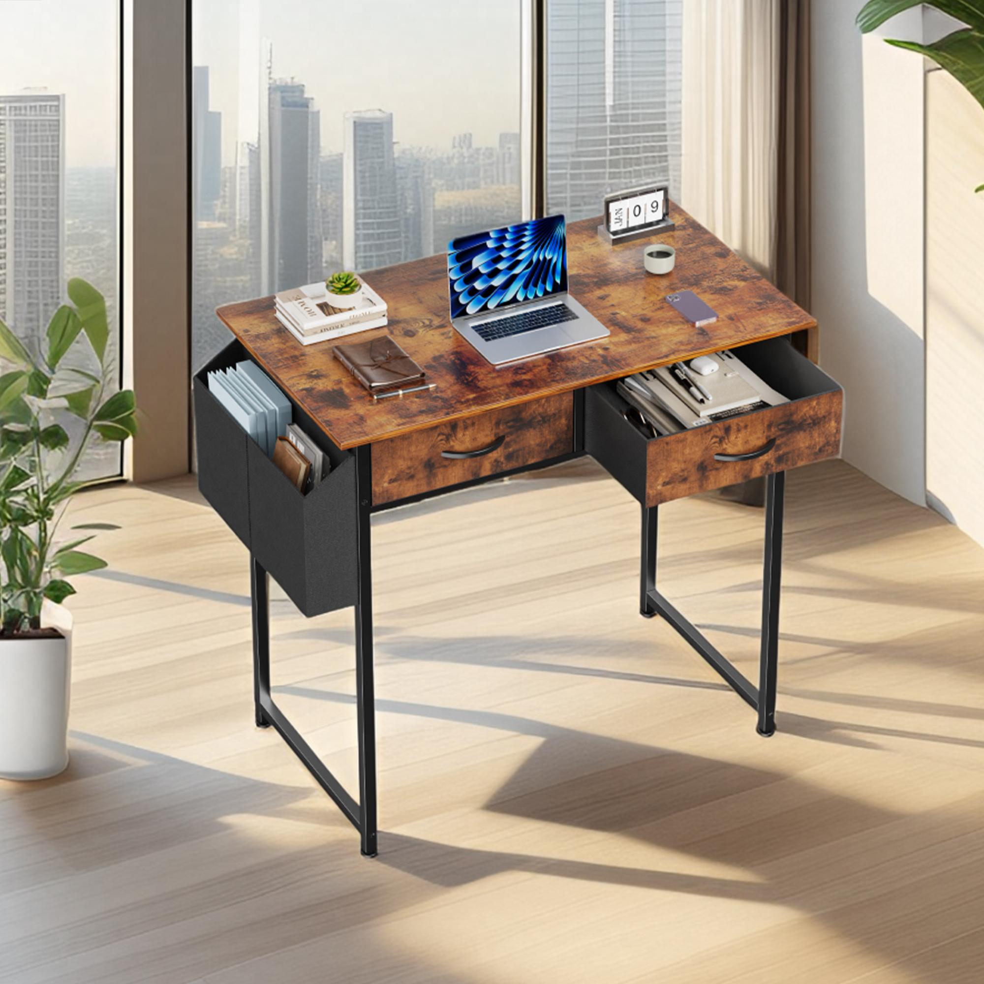 Computer Desk Small Home Office Bedroom Writing Study PC Table with Storage Space Fabric Side Bag Headphone Hook Metal Frame Adjustable