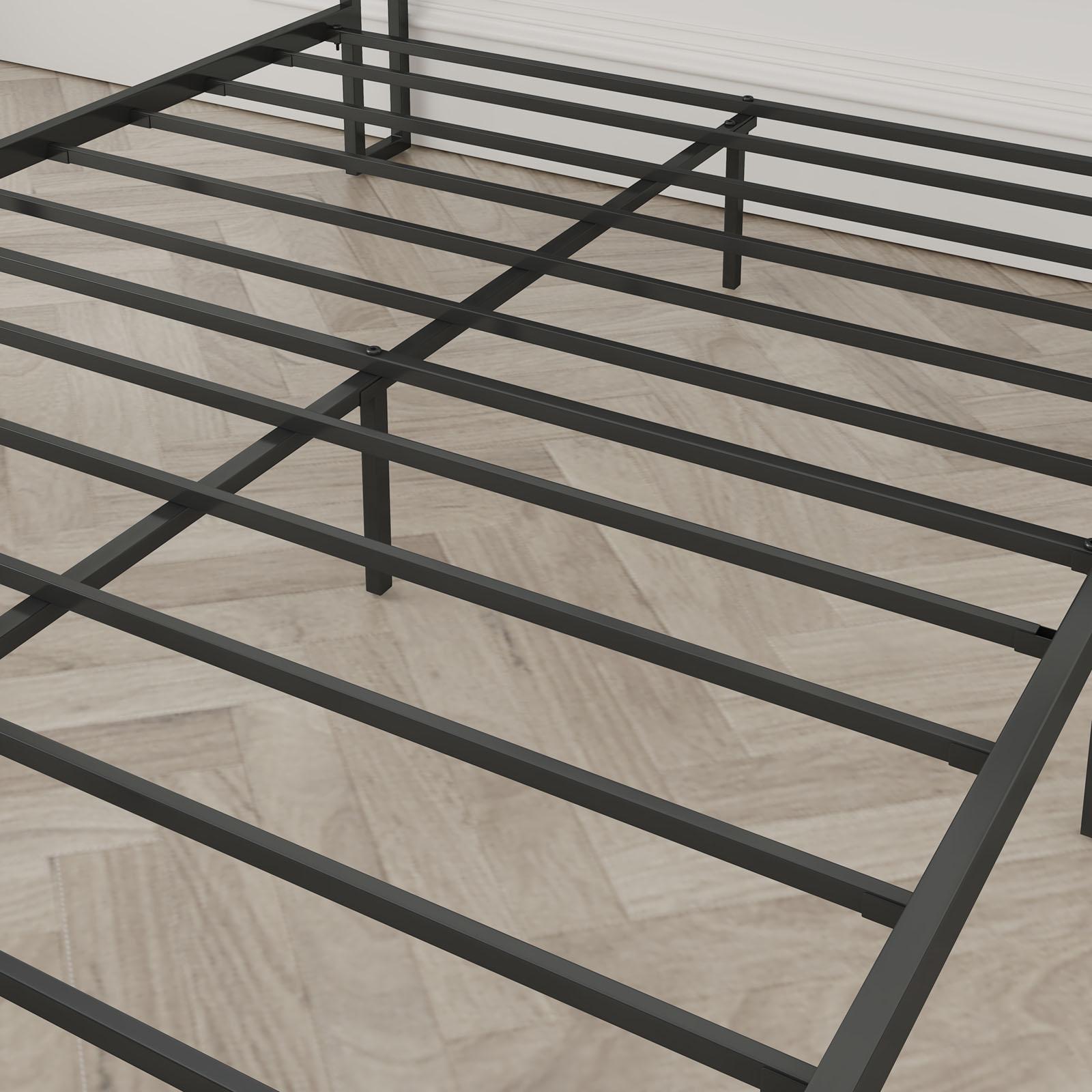 Queen-Size，Full metal bed frame with charging port at the head of the bed.