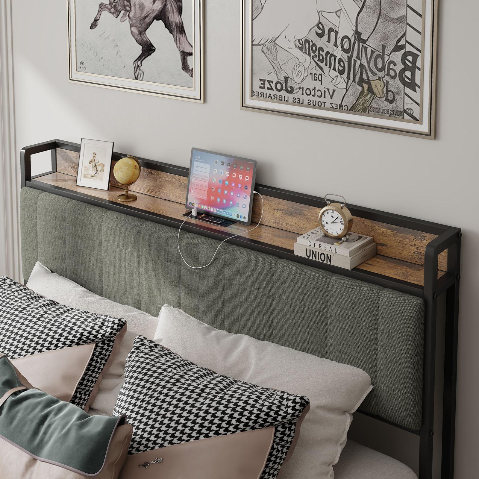 Queen-Size，Full metal bed frame with charging port at the head of the bed.