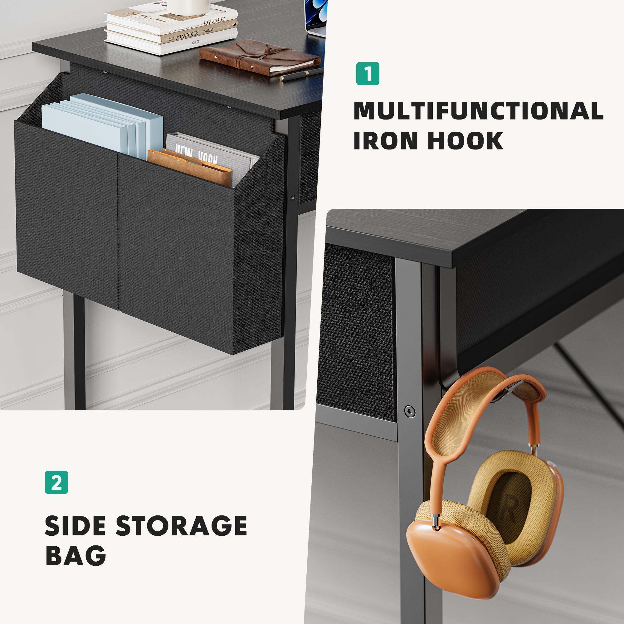 Computer Desk Small Home Office Bedroom Writing Study PC Table with Storage Space Fabric Side Bag Headphone Hook Metal Frame Adjustable