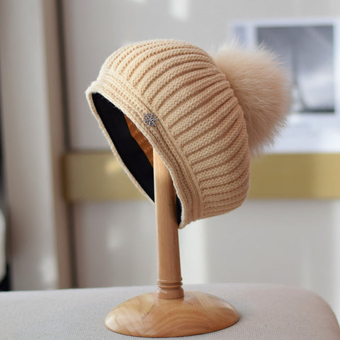 Fox Fur Ball Knitted Beret Women's Autumn And Winter All-matching British Vintage Wool Painter Cap