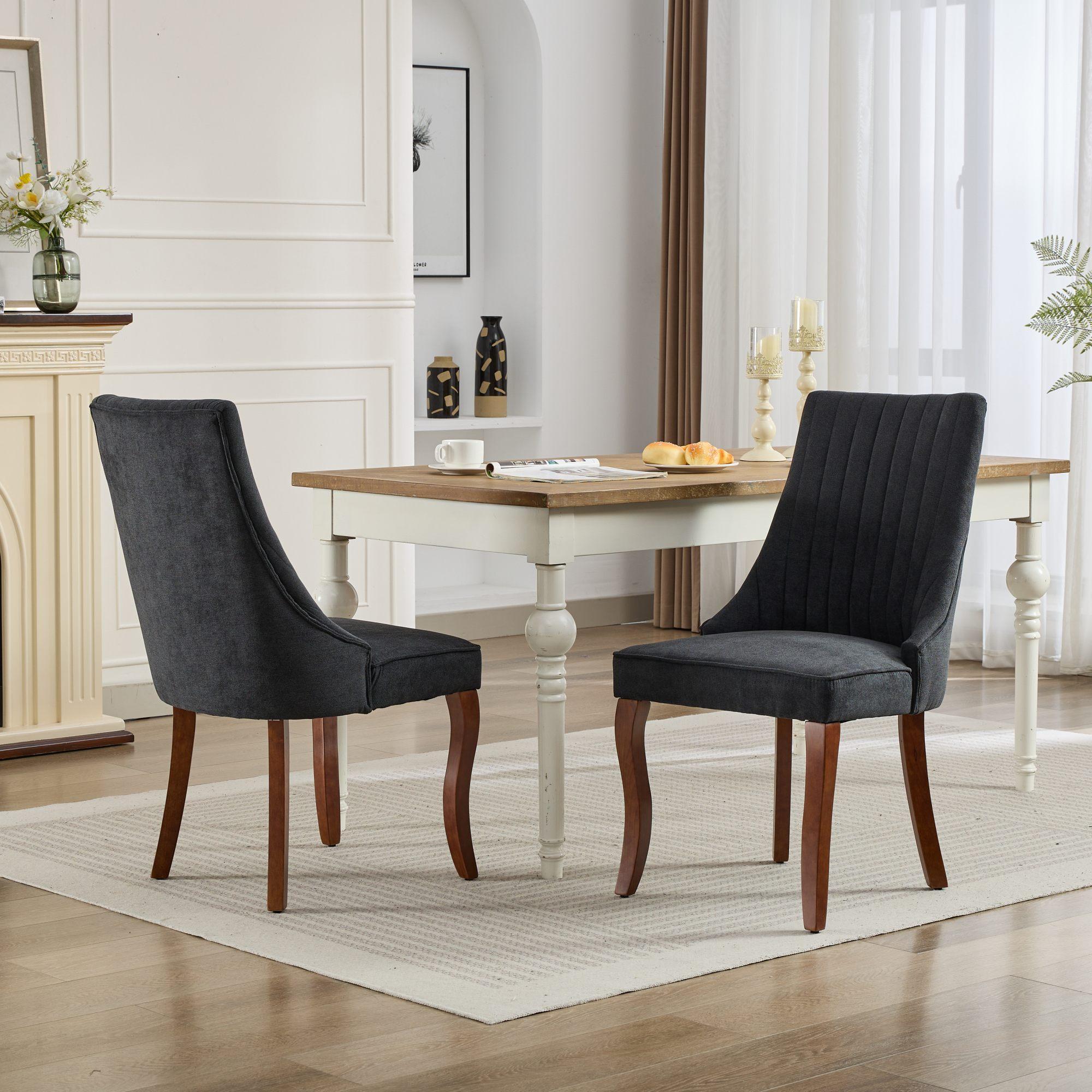 Rayon Cloth Flocking Linen Dining Chairs  Comfy Fabric Upholstered Accent Chair for Dining Room with Curved Solid Wood Legs,Set of 2
