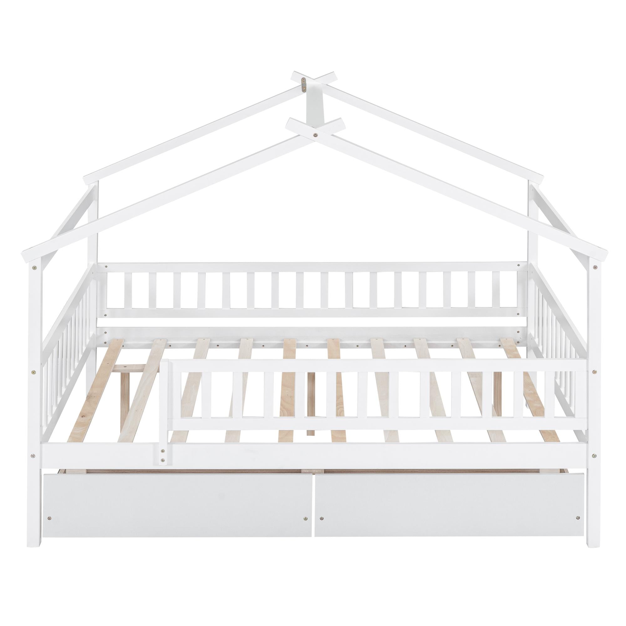 Full Size Wooden House Bed with Two Drawers