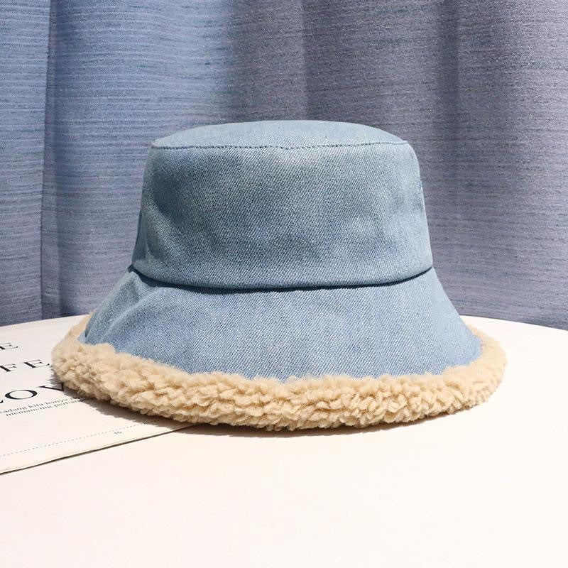 Denim Double Face Lamb Plush Fisherman Hat