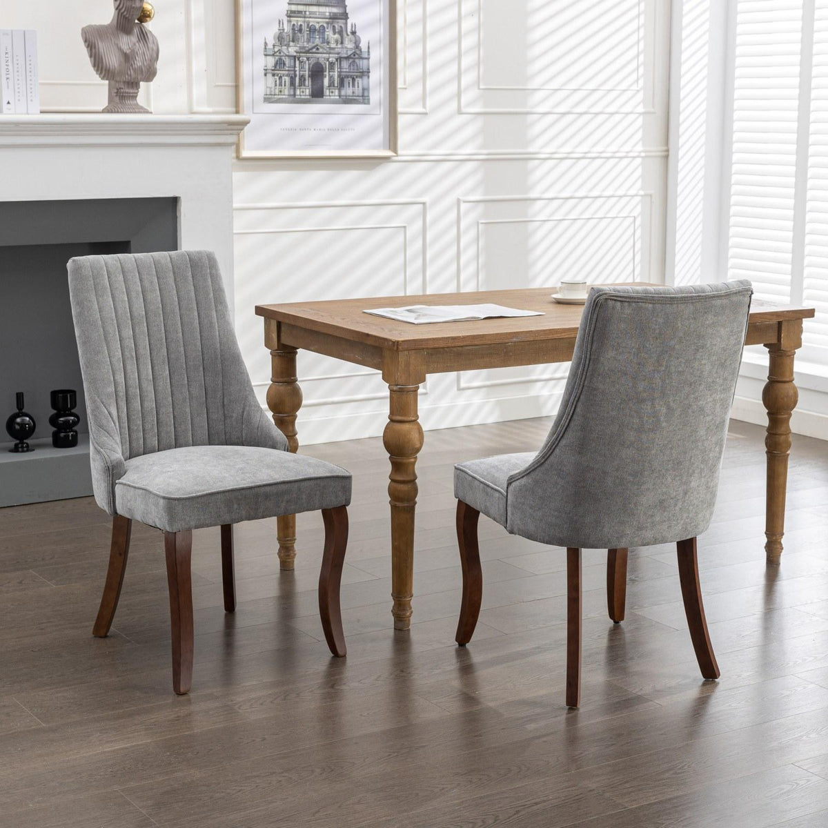 Rayon Cloth Flocking Linen Dining Chairs  Comfy Fabric Upholstered Accent Chair for Dining Room with Curved Solid Wood Legs,Set of 2