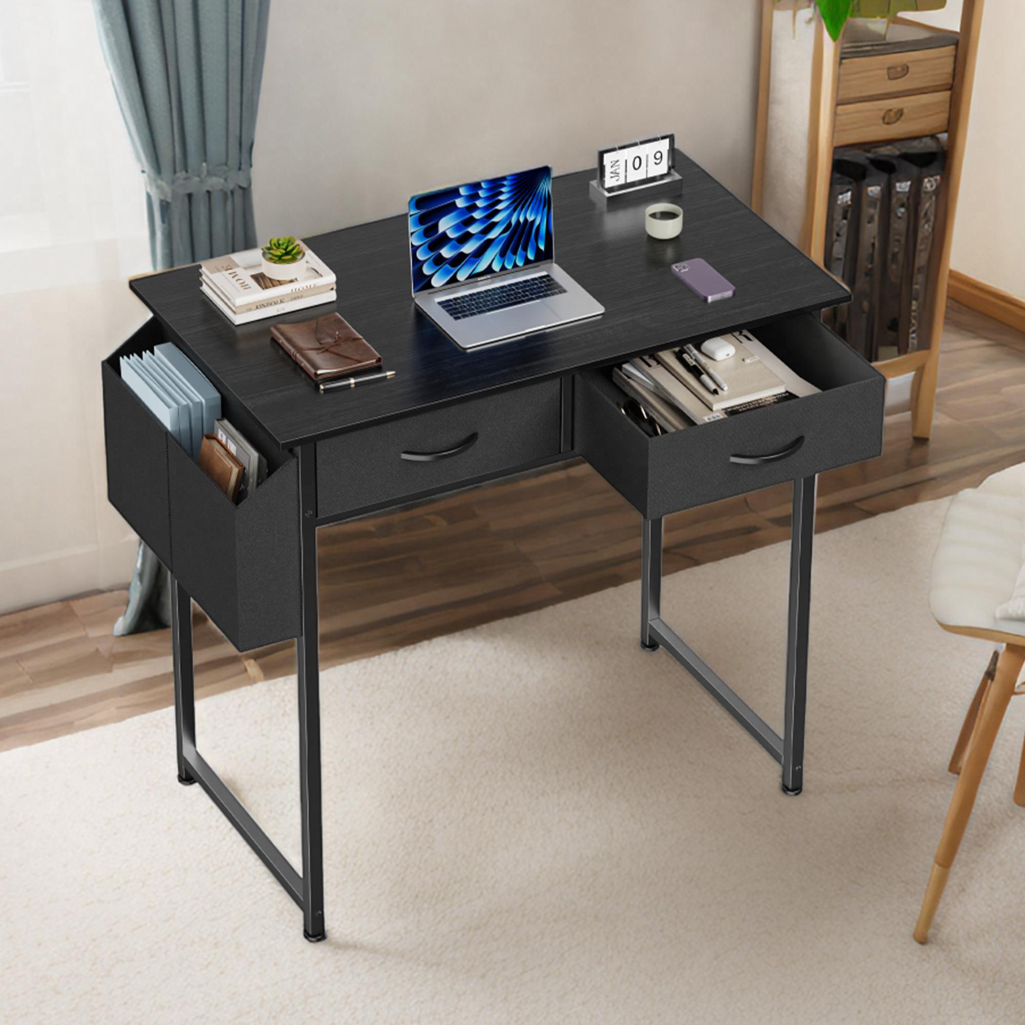 Computer Desk Small Home Office Bedroom Writing Study PC Table with Storage Space Fabric Side Bag Headphone Hook Metal Frame Adjustable