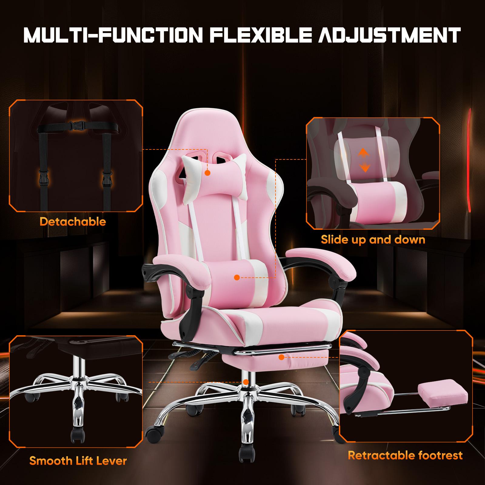 Video Game Desk Chair - Ergonomic Computer with Footrest and Comfy Lumbar Support, PU Leather Recliner with Headrest, Fixed Up Armrest,