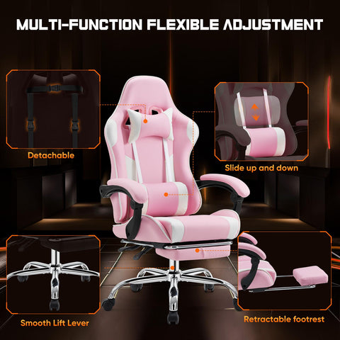 Video Game Desk Chair - Ergonomic Computer with Footrest and Comfy Lumbar Support, PU Leather Recliner with Headrest, Fixed Up Armrest,