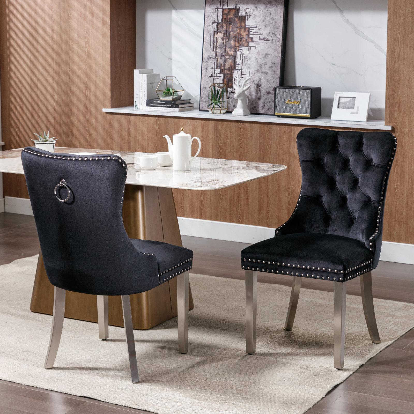 Modern, High-end Tufted Solid Wood Contemporary Velvet Upholstered Dining Chair with Chrome Stainless Steel Plating Legs,Nailhead Trim,Set of 2