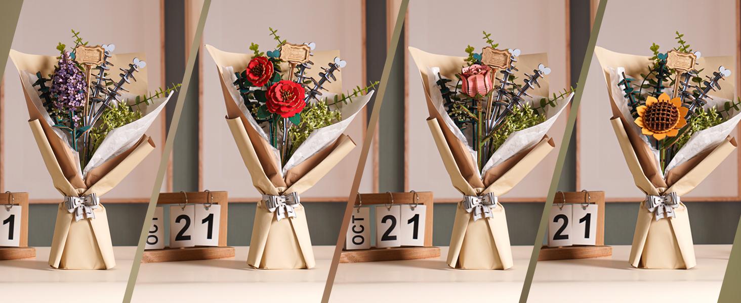 "Rowood Botanical Collection: Wooden Flower Bouquet Building Set for Adults - A Thoughtful DIY Craft Kit for Special Occasions and Unique Home Decor"