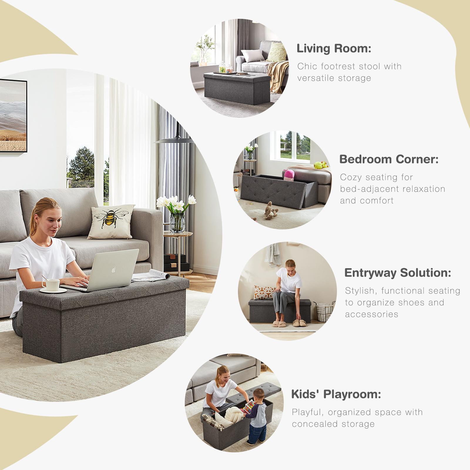 Storage Ottoman with Thicker Foam Padded Seat, Folding Foot Rest for Living Room End of Bed Bench