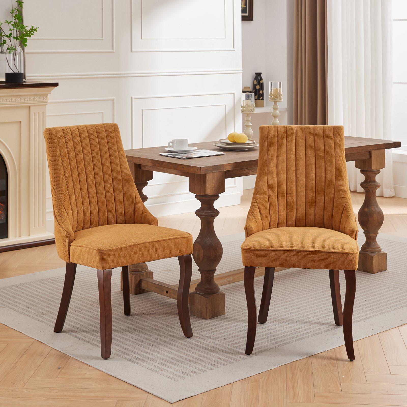 Rayon Cloth Flocking Linen Dining Chairs  Comfy Fabric Upholstered Accent Chair for Dining Room with Curved Solid Wood Legs,Set of 2