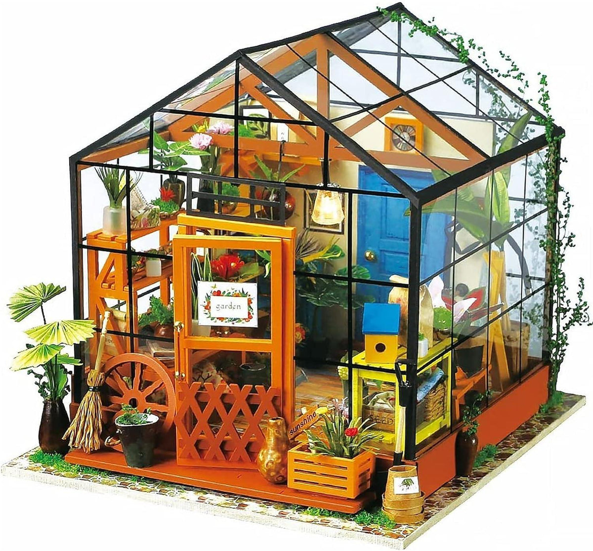 ROBOTIME DIY Dollhouse Wooden Miniature Furniture Kit Mini Green House with LED Best Birthday Gifts