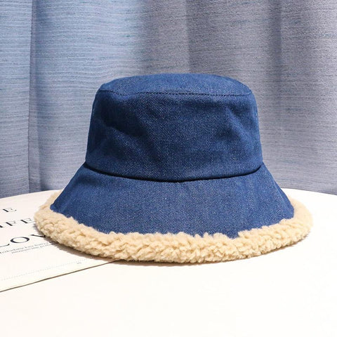 Denim Double Face Lamb Plush Fisherman Hat