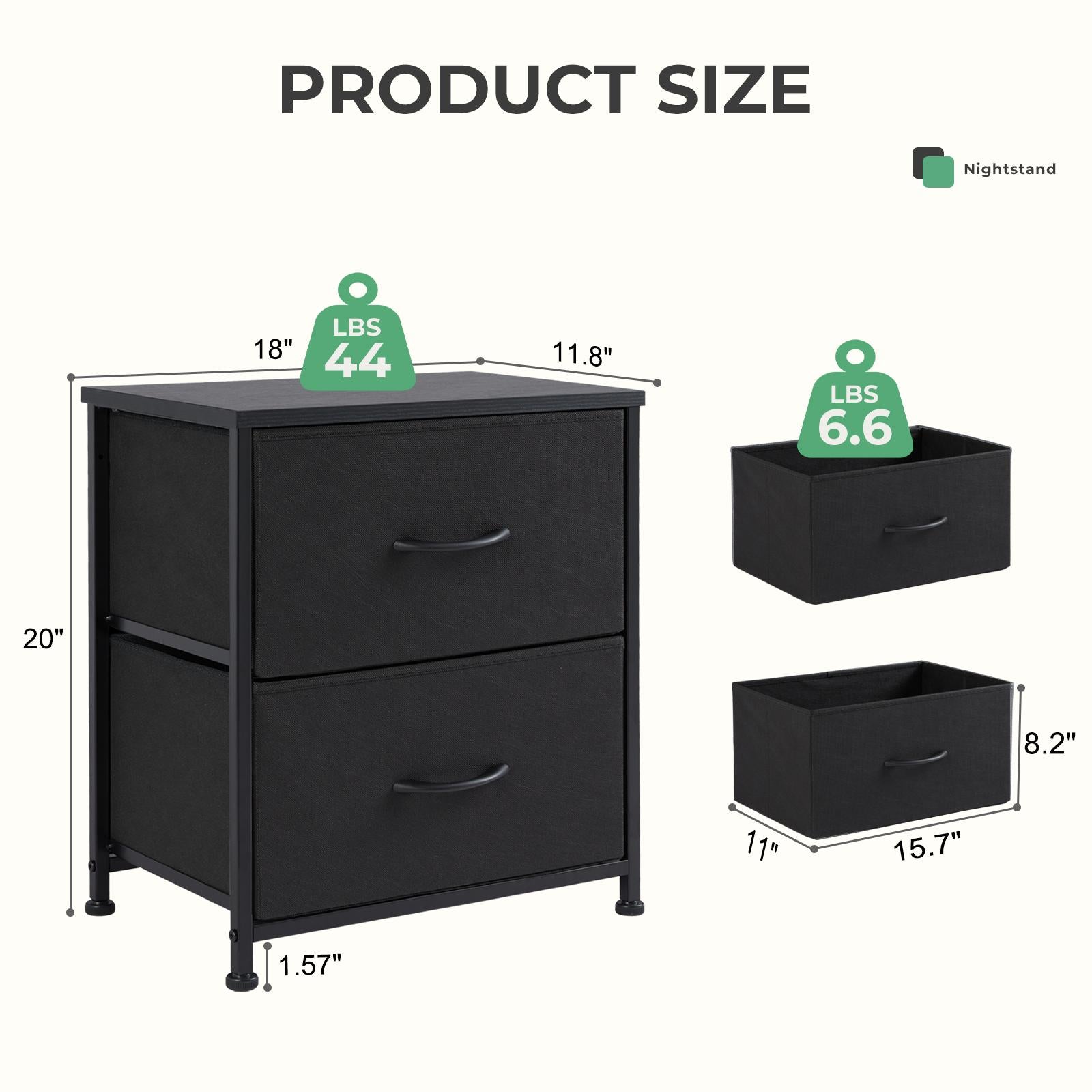Fabric Dresser with 2 Drawers, Nightstands with Adjustable Feet, End Table for Bedroo, Set of 2