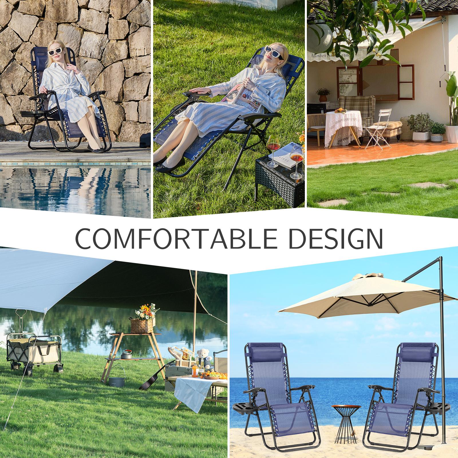 Set of 2 Zero Cravity Lounge Chairs,Outdoor Patio Folding Recliners for Pool Beach with Pillow and Cup Holder, Black