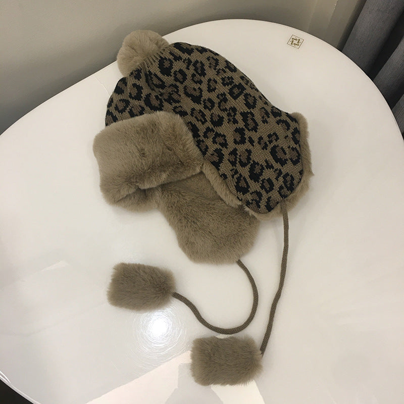Leopard Print Knitted Earmuffs Hat