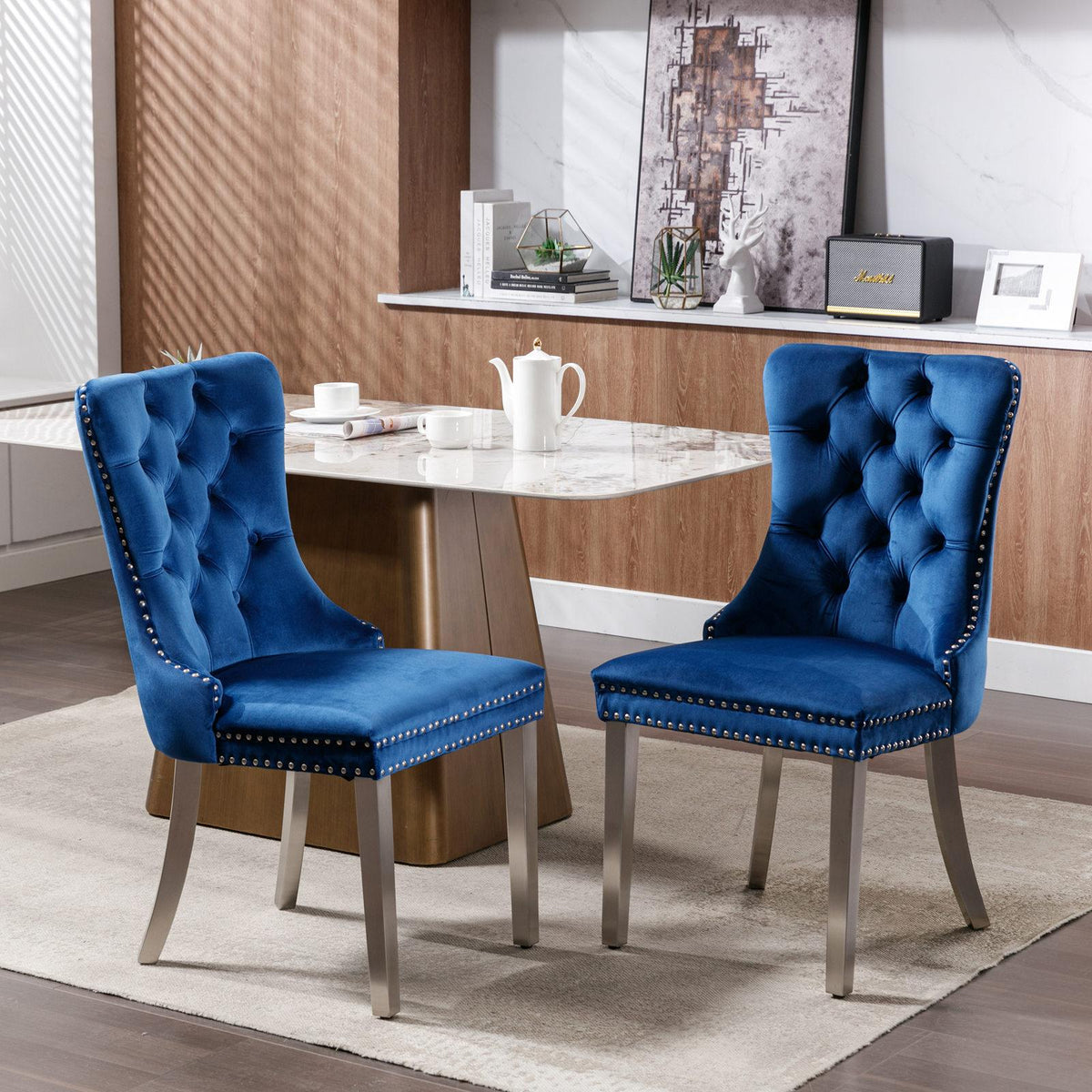 Modern, High-end Tufted Solid Wood Contemporary Velvet Upholstered Dining Chair with Chrome Stainless Steel Plating Legs,Nailhead Trim,Set of 2