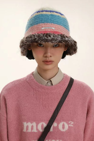 Niche Retro Contrast Color Stripes Hand Crocheting Woolen Cap