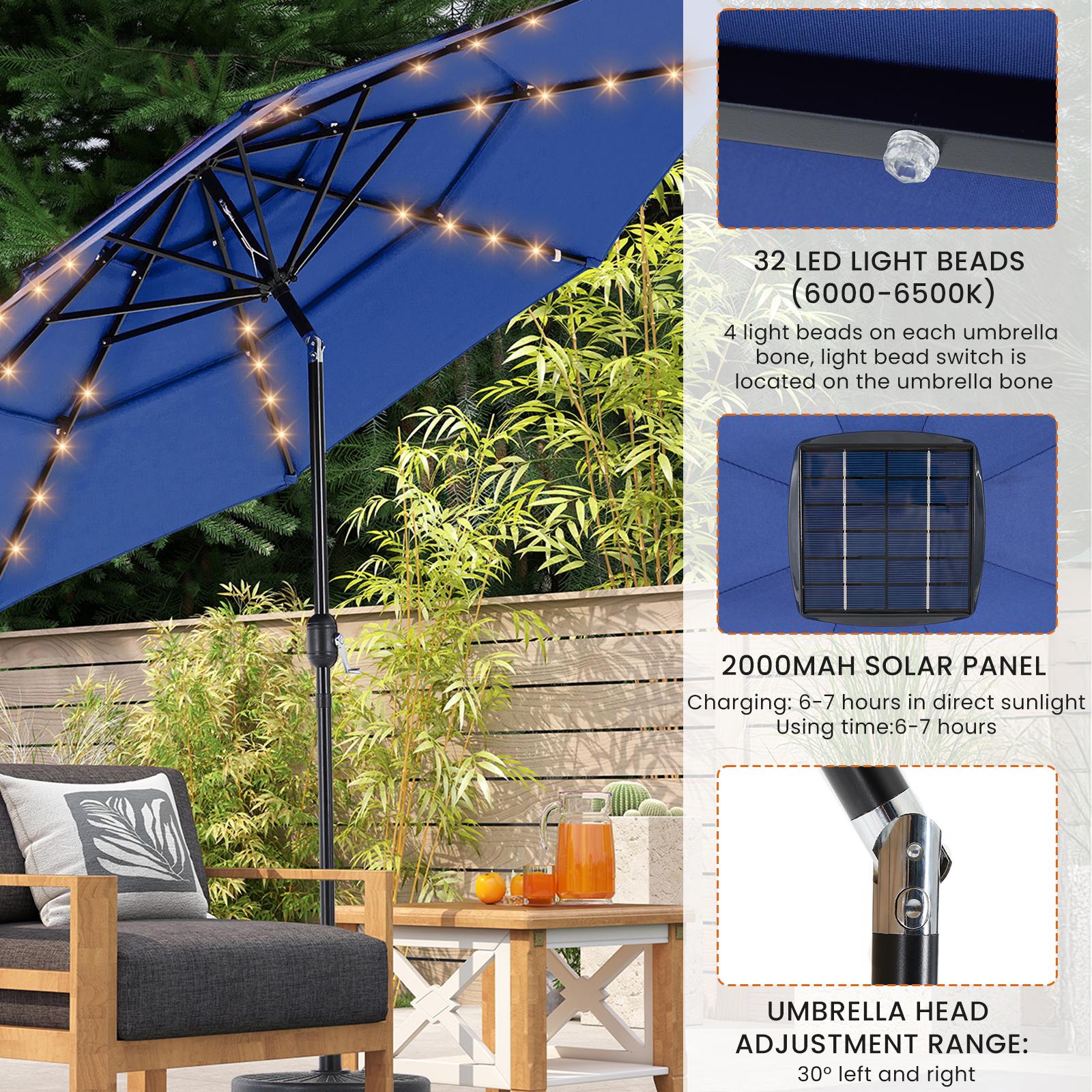 10FT 3-Tier Solar Patio Umbrella with 32 LED Lights, Outdoor Umbrellas with Push Button Tilt and Crank